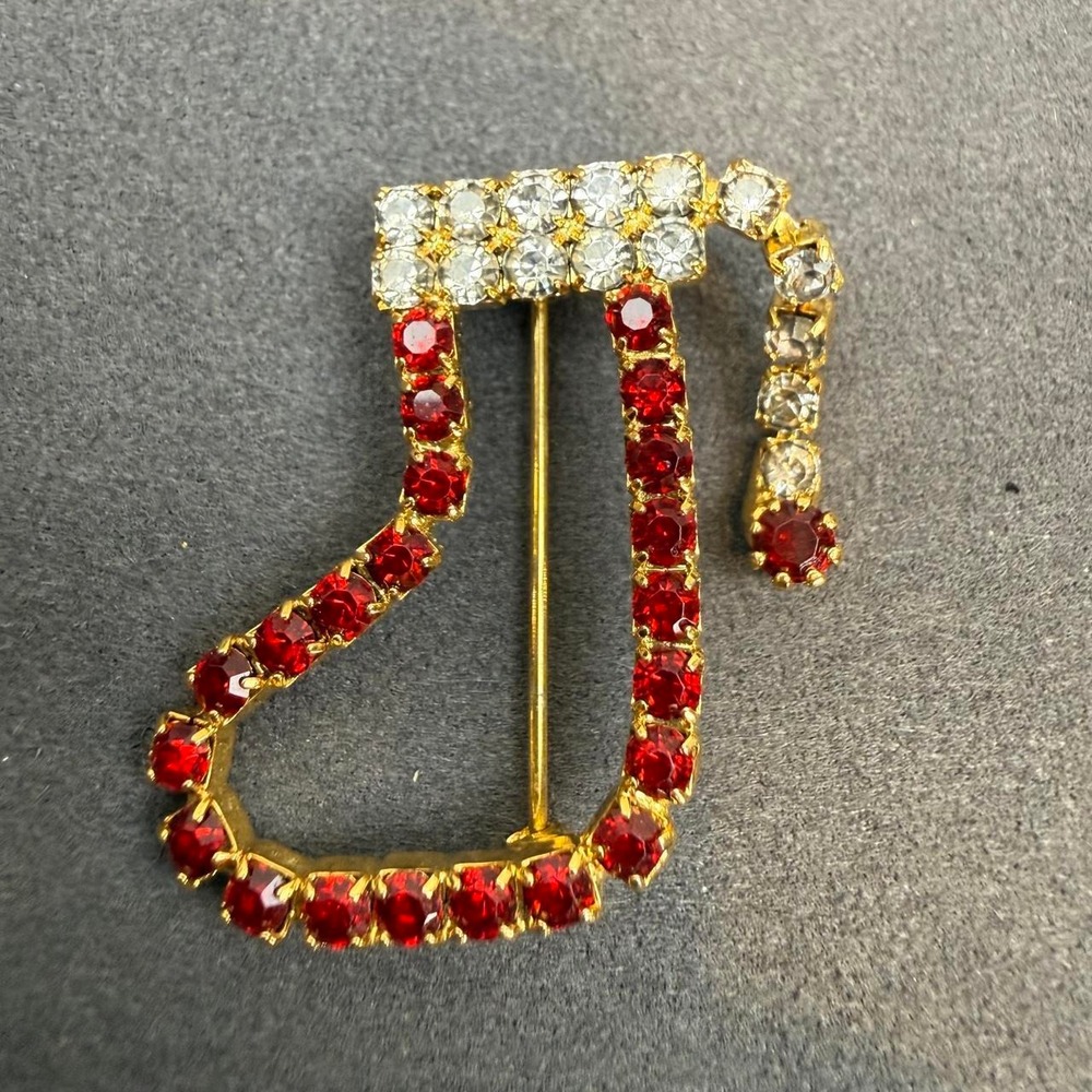 Christmas Holiday Rhinestone Brooch Red Clear Stocking Gold Tone Dangle‎ Festive